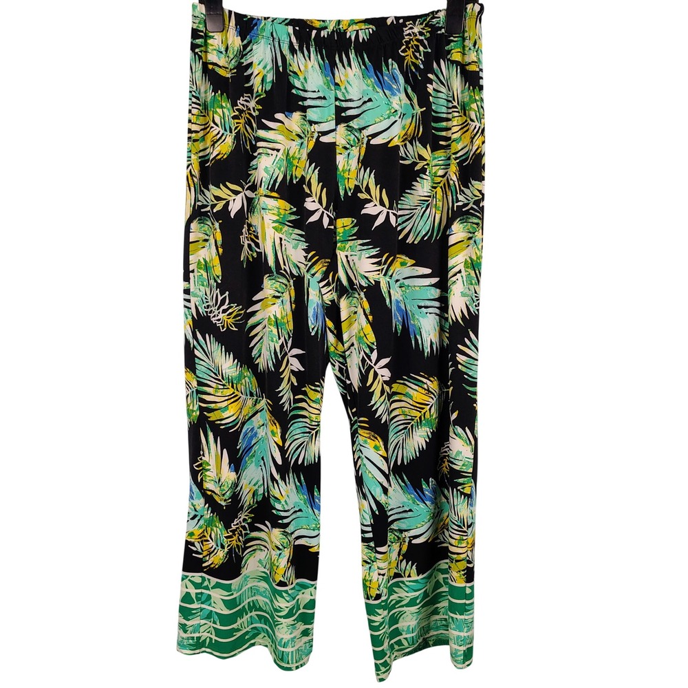 Melissa Paige Womens 1X Tropical Palm Print Pants Green Black Knit Resort Boho